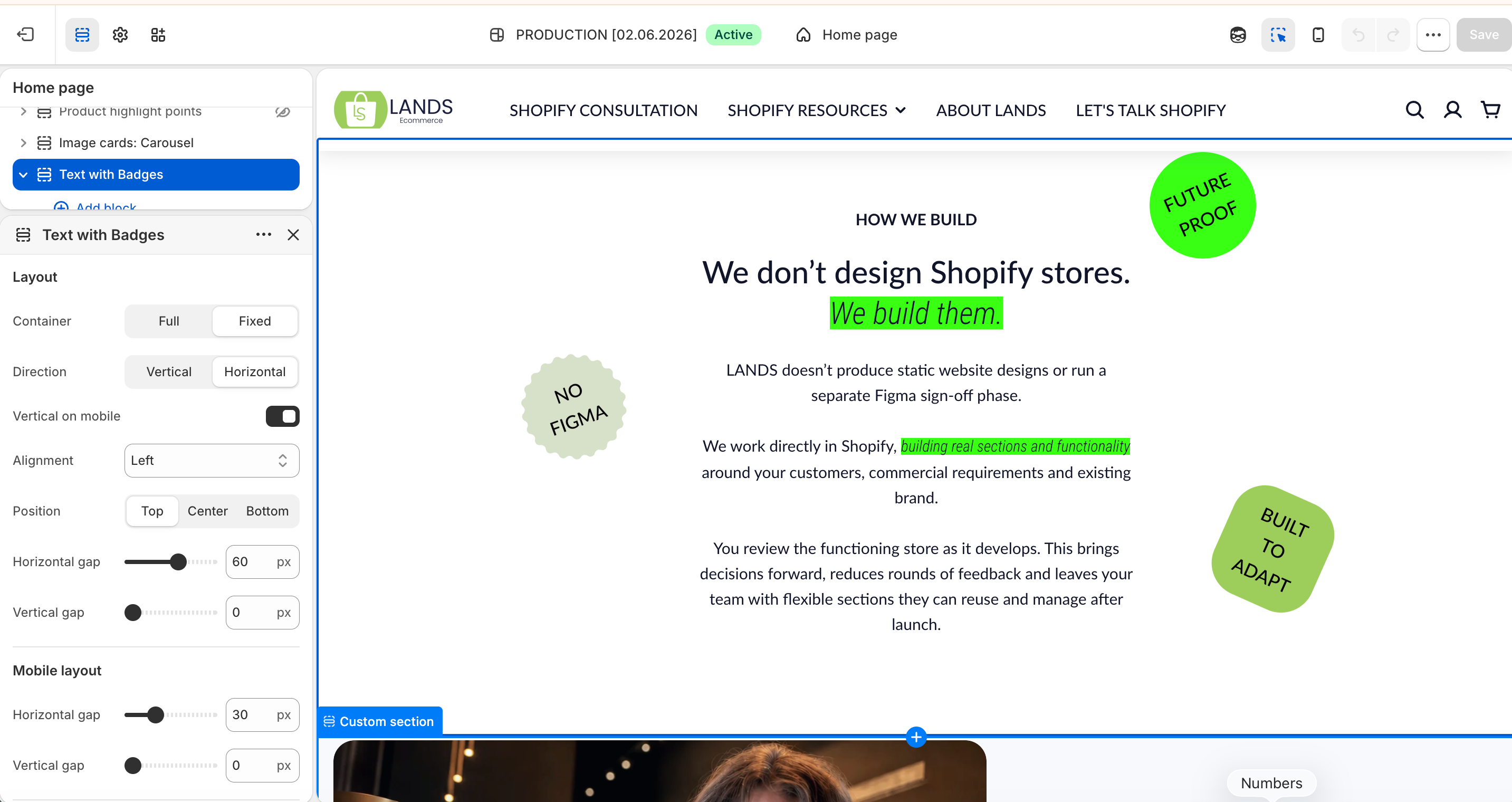 Shopify theme editor of LANDS Ecommerce Shopify Partner website